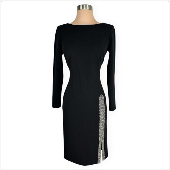 Calvin Klein Black Embellished Slit Rhinestone Long Sleeve Crepe Sheath Dress 4 - Picture 3 of 6